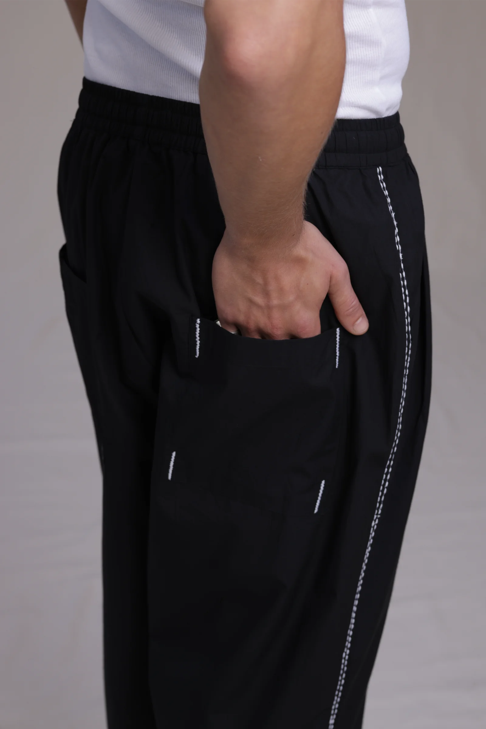 ALBI Ela Pants, oversized cotton poplin drawstring trousers with hand-stitched detailing