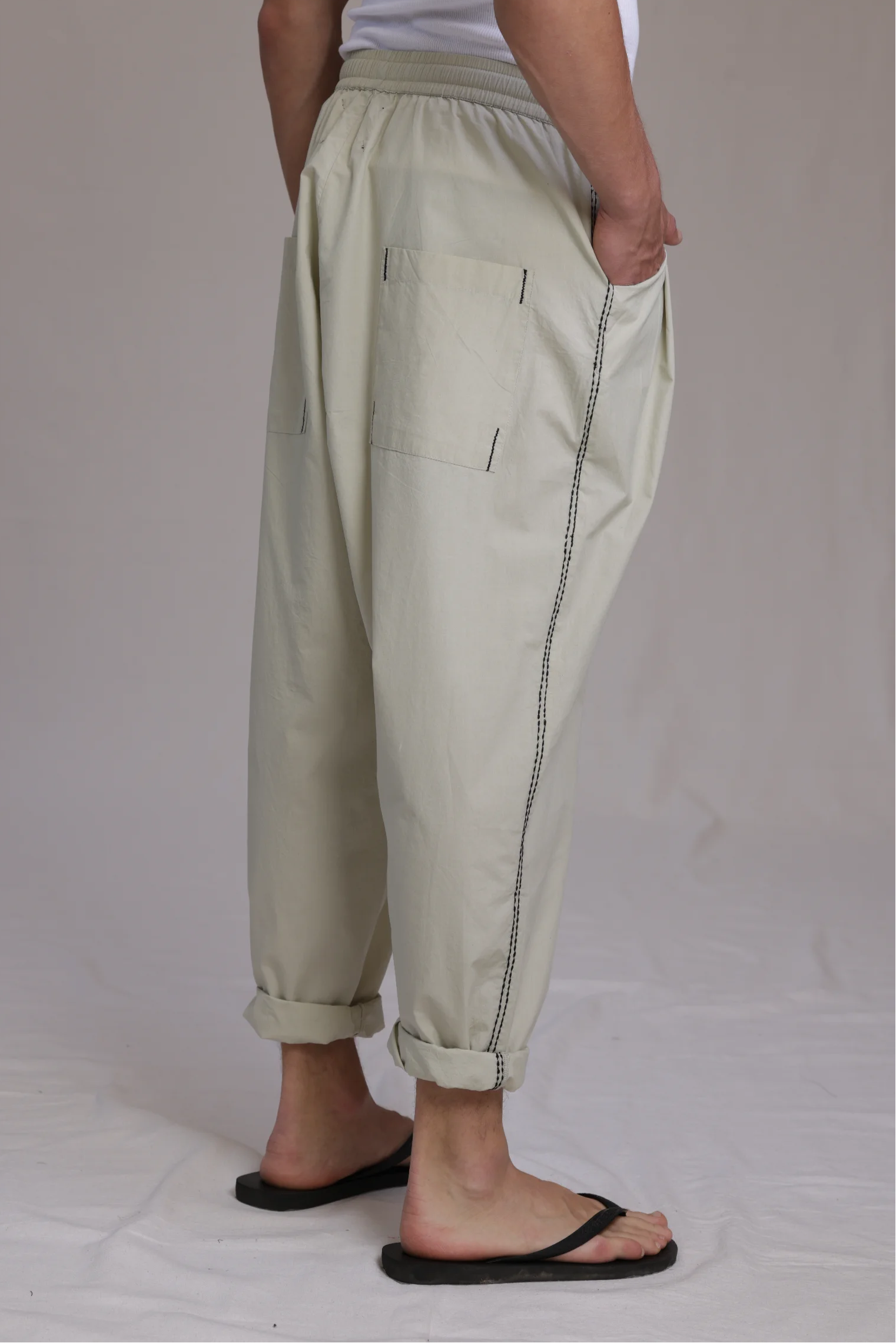 ALBI Ela Pants, oversized cotton poplin drawstring trousers with hand-stitched detailing