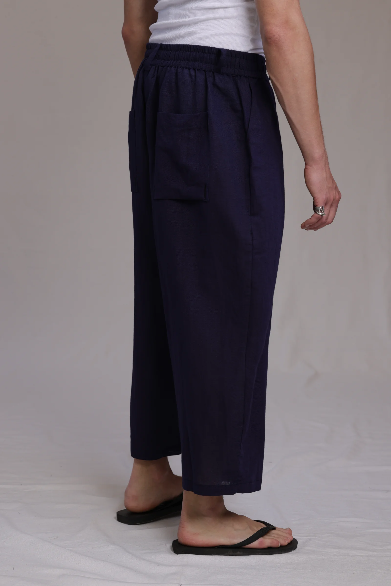 ALBI Iki Pants, oversized pleated linen trousers with hand-stitched flap pockets