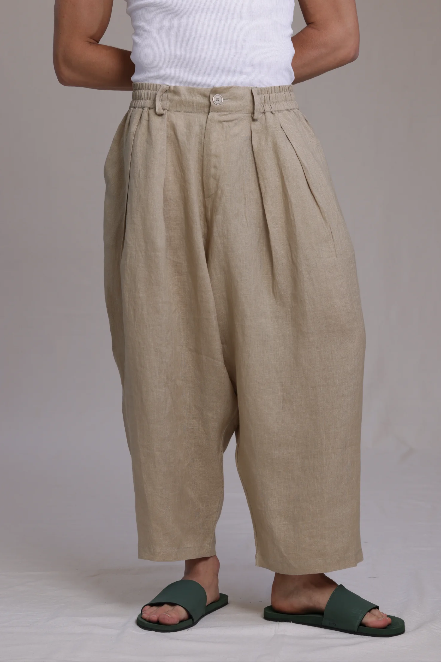 ALBI Iki Pants, oversized pleated linen trousers with hand-stitched flap pockets