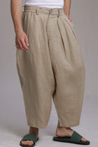 ALBI Iki Pants, oversized pleated linen trousers with hand-stitched flap pockets