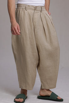 ALBI Iki Pants, oversized pleated linen trousers with hand-stitched flap pockets