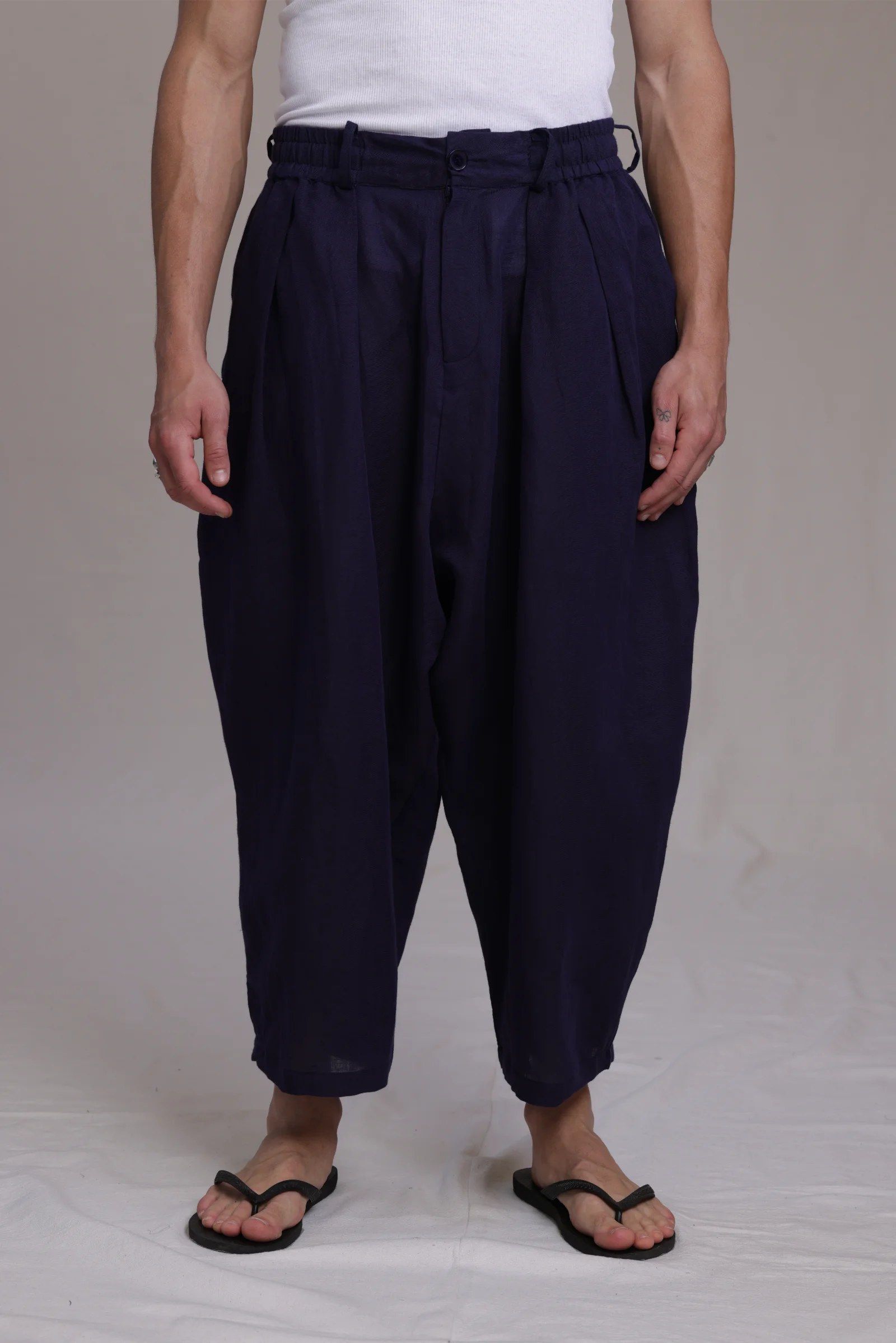 ALBI Iki Pants, oversized pleated linen trousers with hand-stitched flap pockets