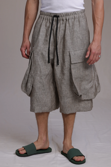 ALBI Yu Pants, oversized cotton cargo shorts with large utility pockets