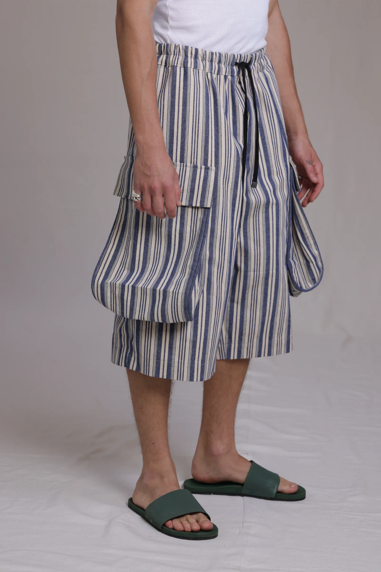 ALBI Yu Pants, oversized cotton cargo shorts with large utility pockets