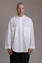 ALBI Rin Shirt, an oversized cotton poplin band collar shirt with tonal hand-stitched detailing
