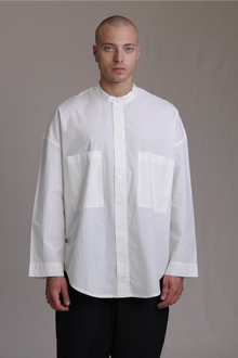ALBI Rin Shirt, an oversized cotton poplin band collar shirt with tonal hand-stitched detailing