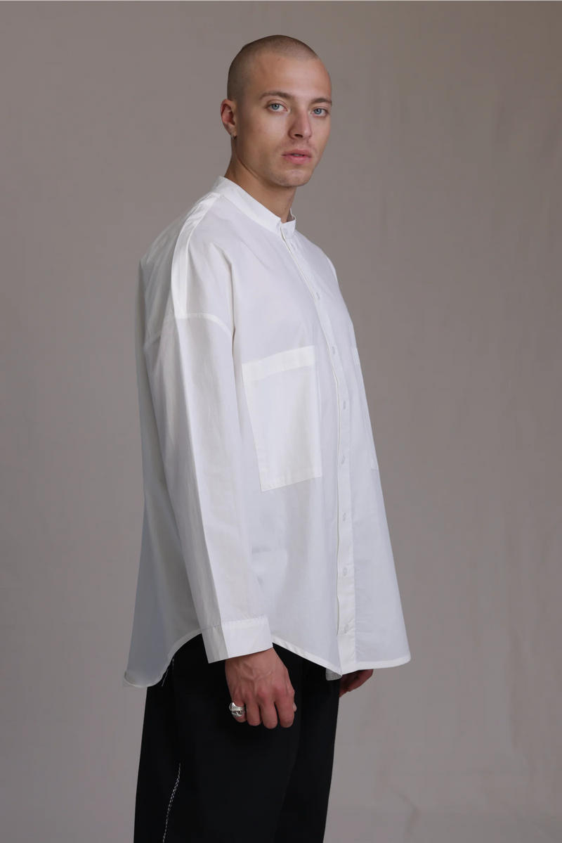 ALBI Rin Shirt, an oversized cotton poplin band collar shirt with tonal hand-stitched detailing