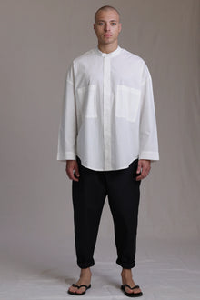 ALBI Rin Shirt, an oversized cotton poplin band collar shirt with tonal hand-stitched detailing