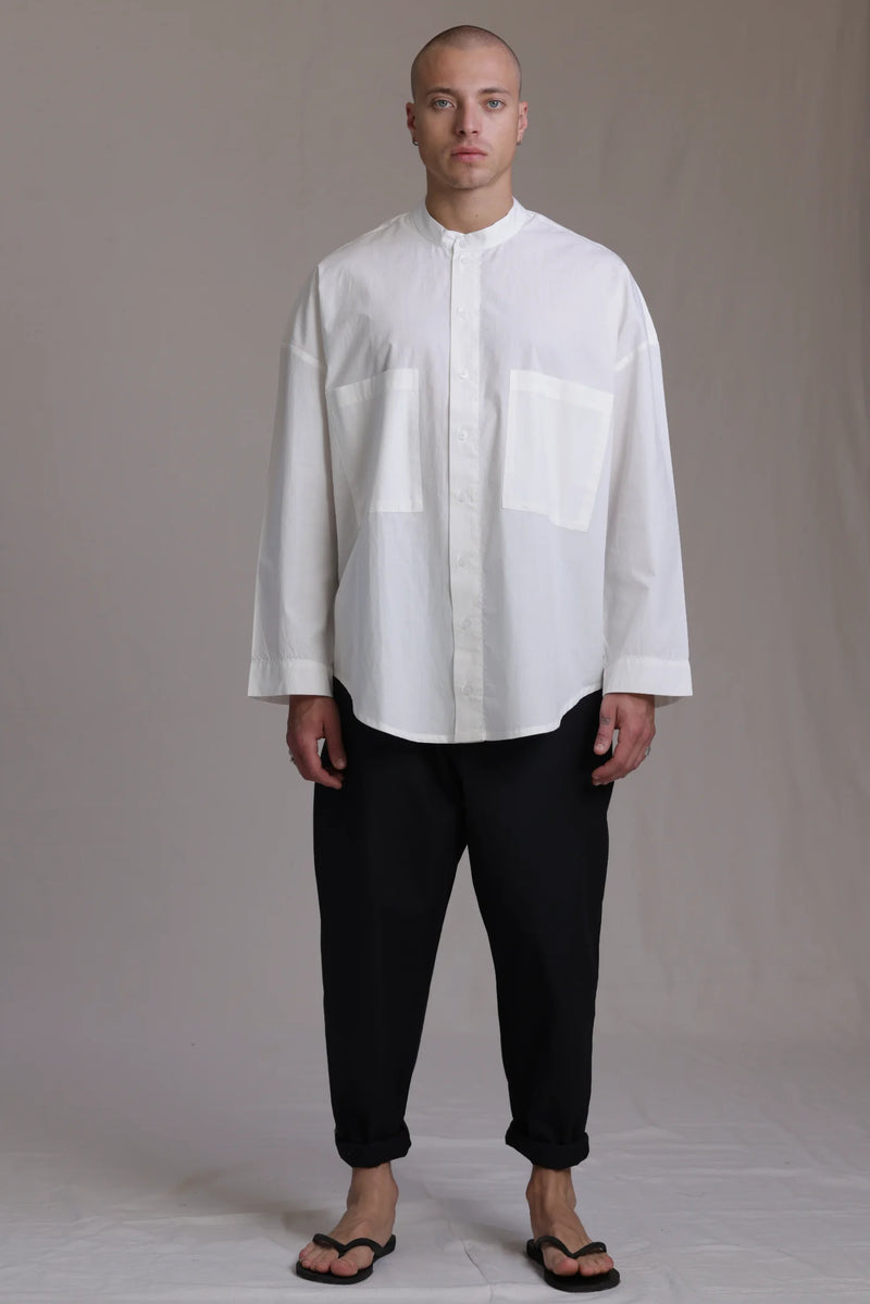 ALBI Rin Shirt, an oversized cotton poplin band collar shirt with tonal hand-stitched detailing
