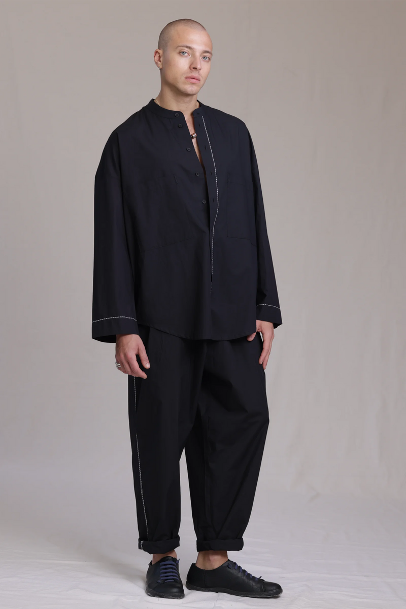ALBI Zen Shirt, an oversized cotton poplin band collar shirt with hand-stitched detailing