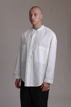 ALBI Zen Shirt, an oversized cotton poplin band collar shirt with hand-stitched detailing