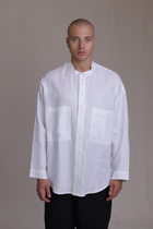 ALBI Hikari Shirt, an oversized linen band collar shirt with tonal hand-stitched detailing