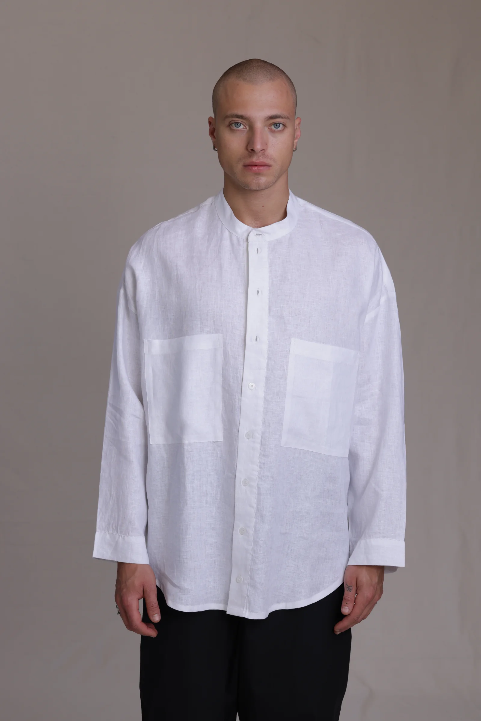 ALBI Hikari Shirt, an oversized linen band collar shirt with tonal hand-stitched detailing