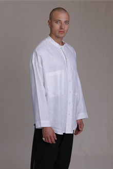 ALBI Hikari Shirt, an oversized linen band collar shirt with tonal hand-stitched detailing