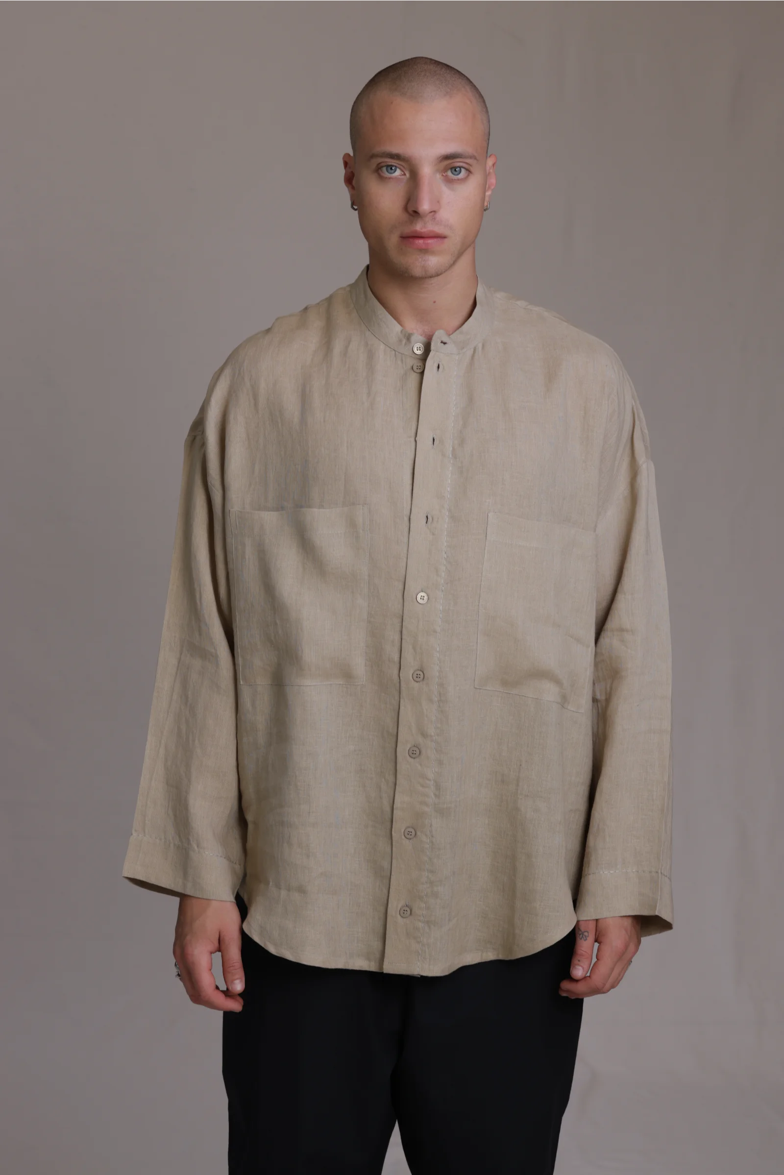 ALBI Hikari Shirt, an oversized linen band collar shirt with tonal hand-stitched detailing
