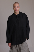 ALBI Hikari Shirt, an oversized linen band collar shirt with tonal hand-stitched detailing