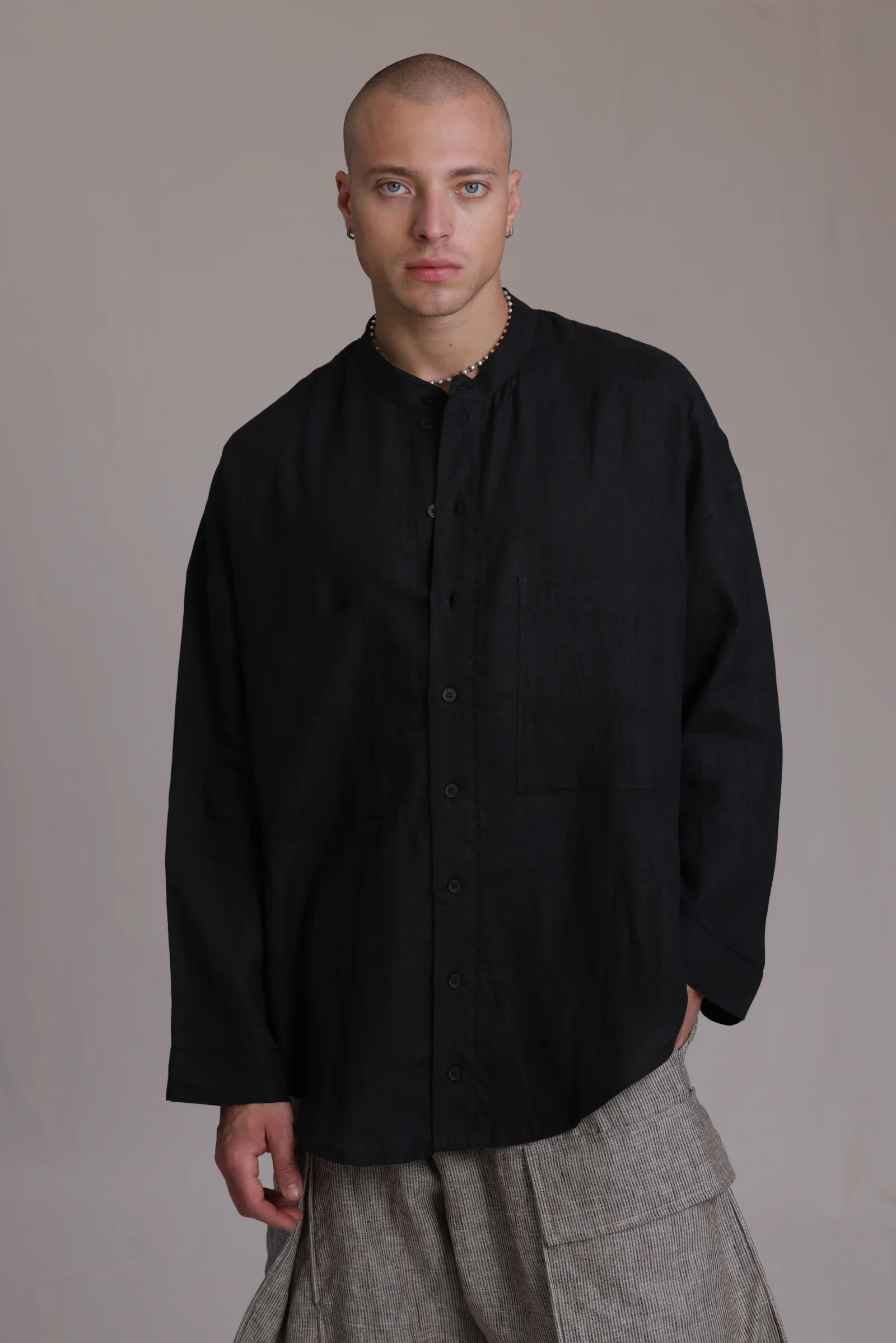 ALBI Hikari Shirt, an oversized linen band collar shirt with tonal hand-stitched detailing
