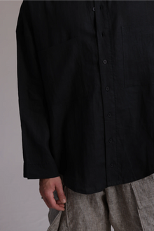 ALBI Hikari Shirt, an oversized linen band collar shirt with tonal hand-stitched detailing