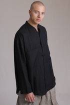 ALBI Hikari Shirt, an oversized linen band collar shirt with tonal hand-stitched detailing