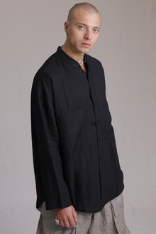 ALBI Hikari Shirt, an oversized linen band collar shirt with tonal hand-stitched detailing