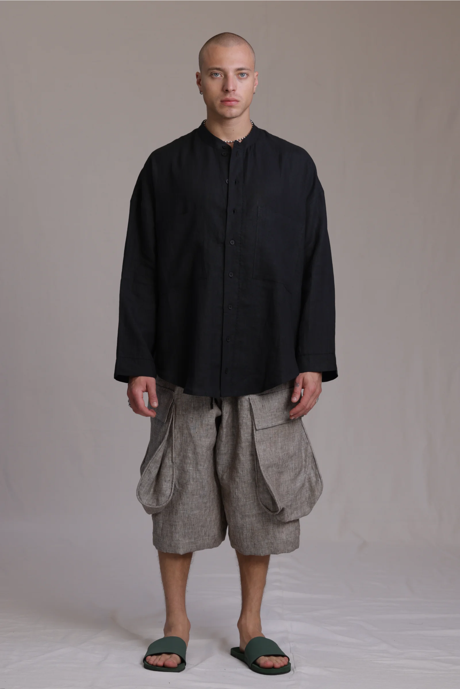 ALBI Hikari Shirt, an oversized linen band collar shirt with tonal hand-stitched detailing