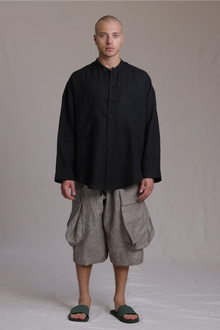ALBI Hikari Shirt, an oversized linen band collar shirt with tonal hand-stitched detailing