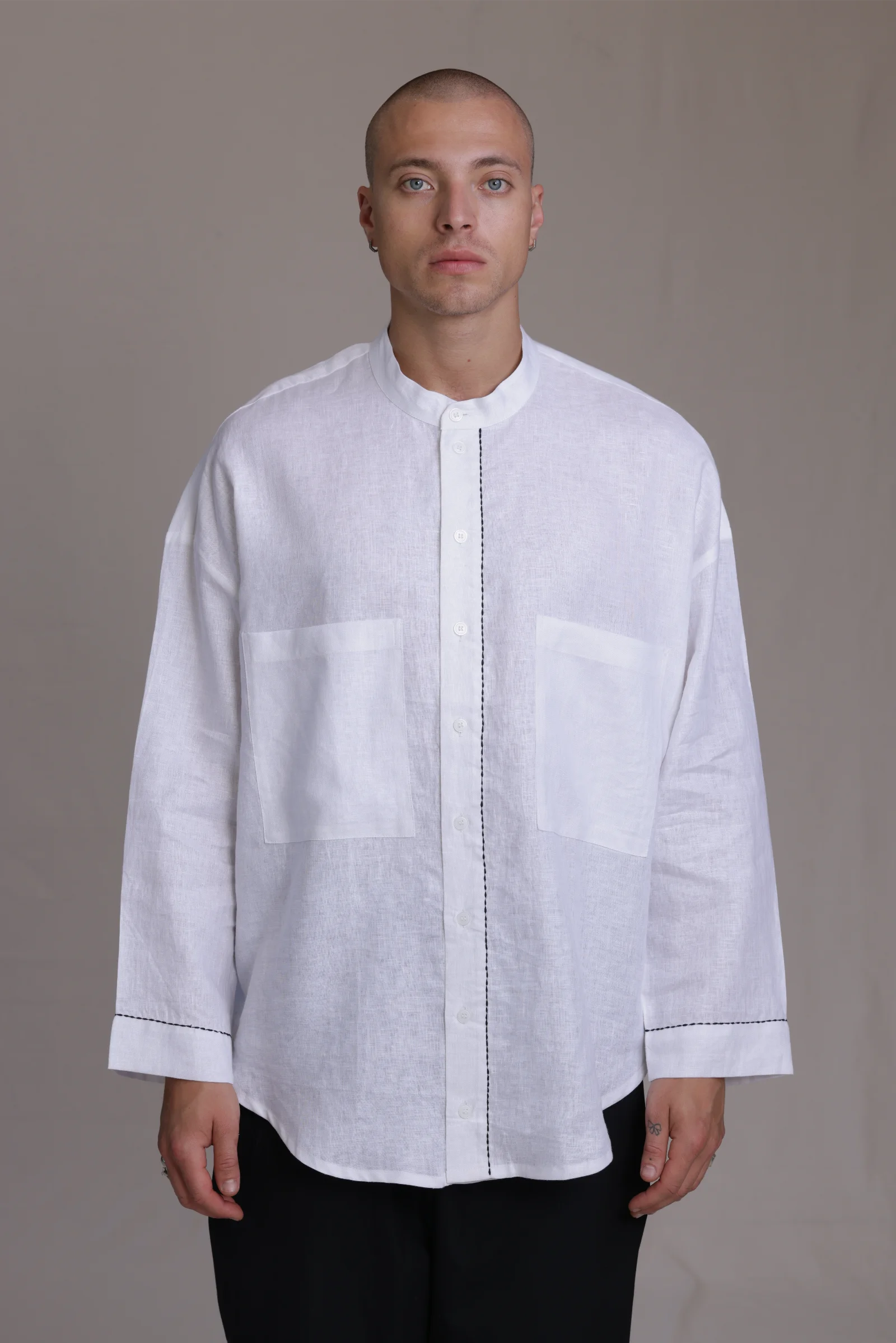ALBI Nagi Shirt, an oversized linen band collar shirt with hand-stitched detailing