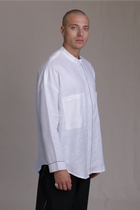 ALBI Nagi Shirt, an oversized linen band collar shirt with hand-stitched detailing