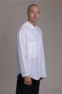 ALBI Nagi Shirt, an oversized linen band collar shirt with hand-stitched detailing
