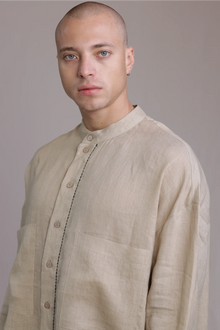 ALBI Nagi Shirt, an oversized linen band collar shirt with hand-stitched detailing