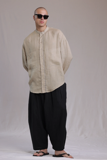 ALBI Iki Pants, oversized pleated linen trousers with hand-stitched flap pockets