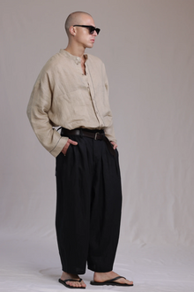 ALBI Nagi Shirt, an oversized linen band collar shirt with hand-stitched detailing