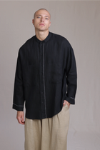 ALBI Nagi Shirt, an oversized linen band collar shirt with hand-stitched detailing