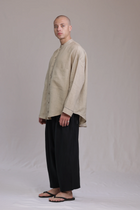 ALBI Nagi Shirt, an oversized linen band collar shirt with hand-stitched detailing
