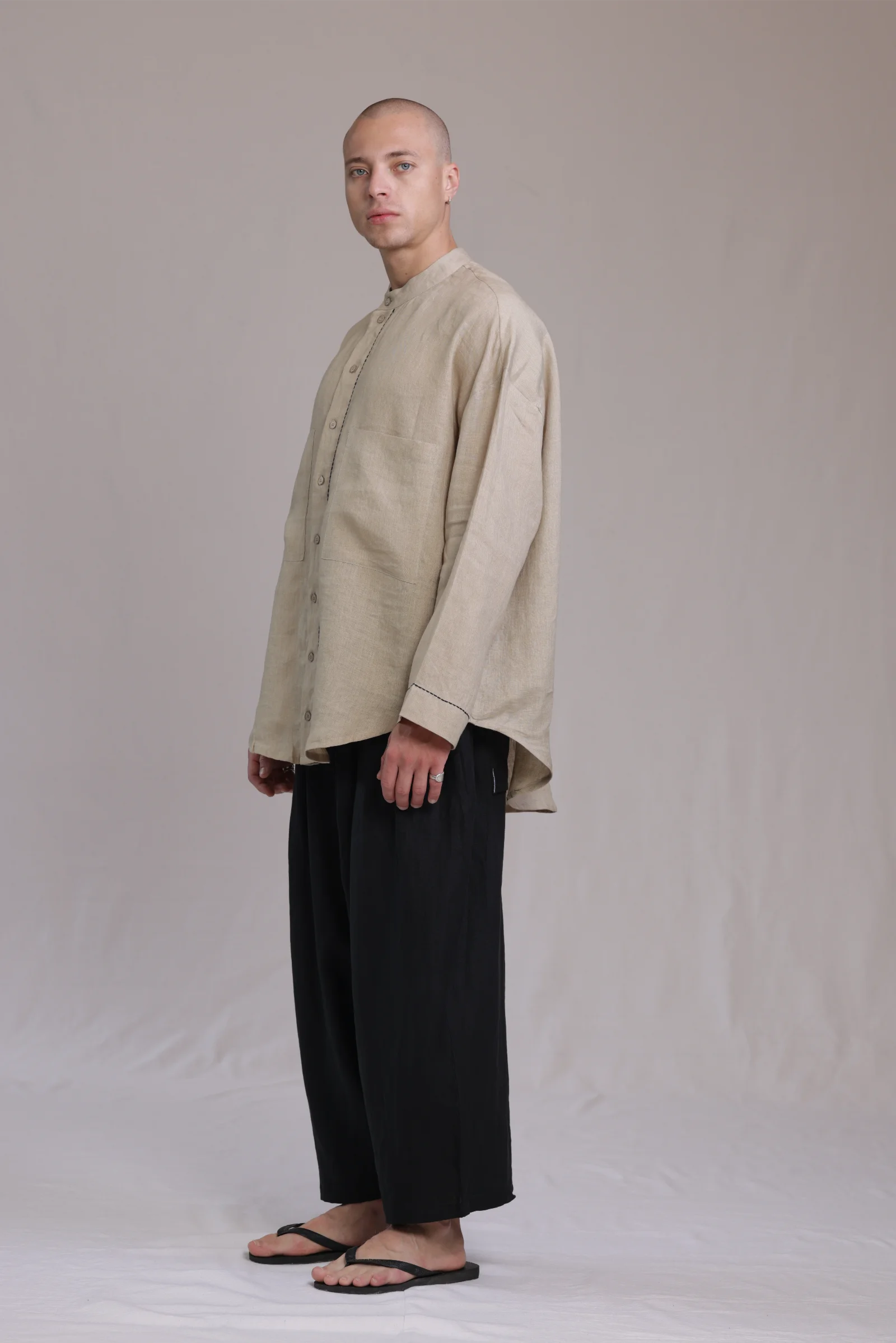 ALBI Nagi Shirt, an oversized linen band collar shirt with hand-stitched detailing