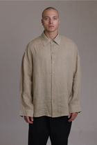 ALBI Toki Shirt, an oversized linen shirt with a classic collar and tonal hand-stitched detailing