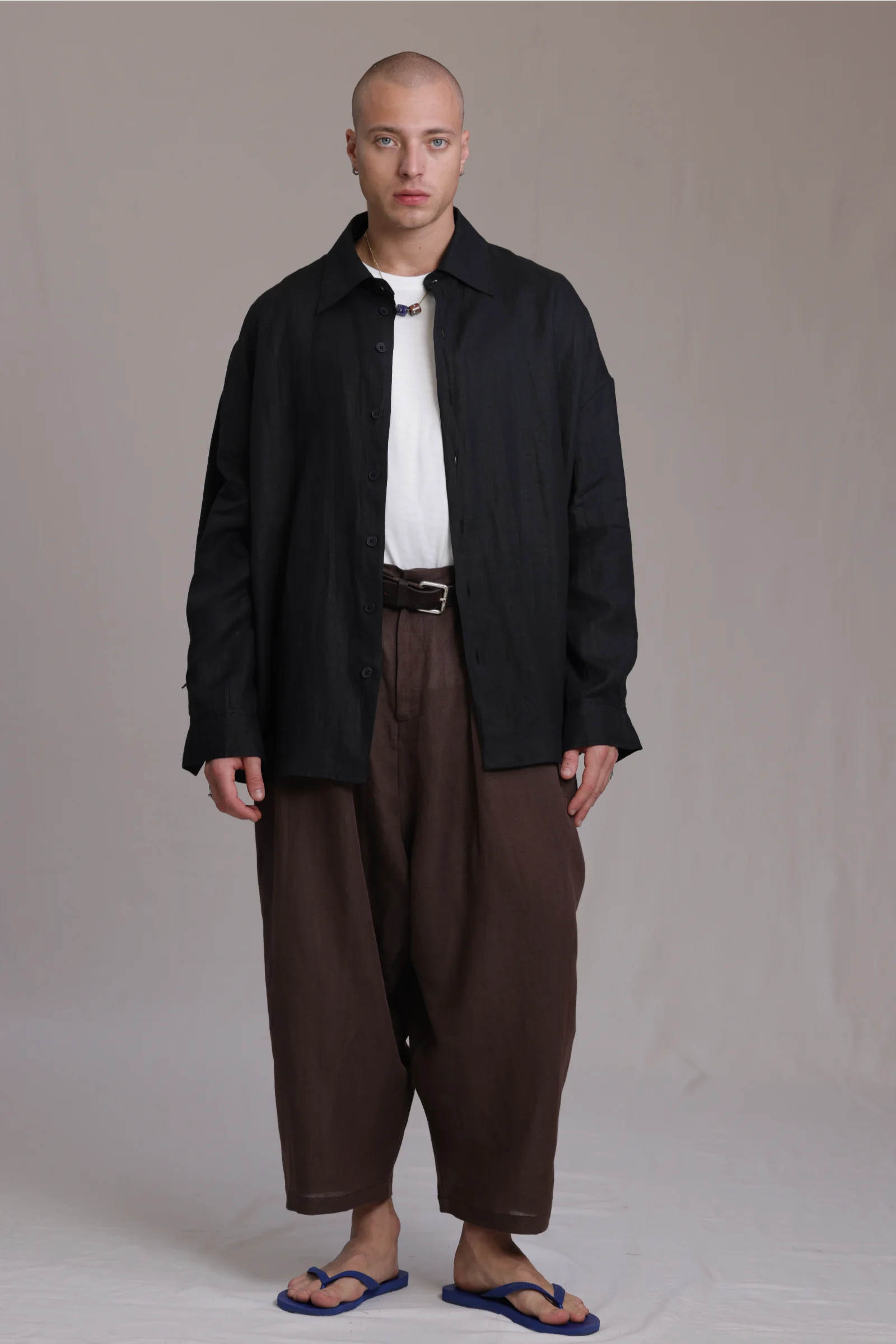 ALBI Toki Shirt, an oversized linen shirt with a classic collar and tonal hand-stitched detailing