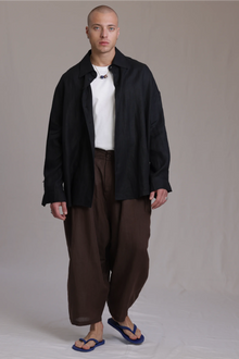 ALBI Iki Pants, oversized pleated linen trousers with hand-stitched flap pockets