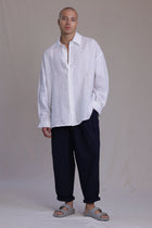 ALBI Kaze Shirt, an oversized linen shirt with a classic collar and bold hand-stitched detailing