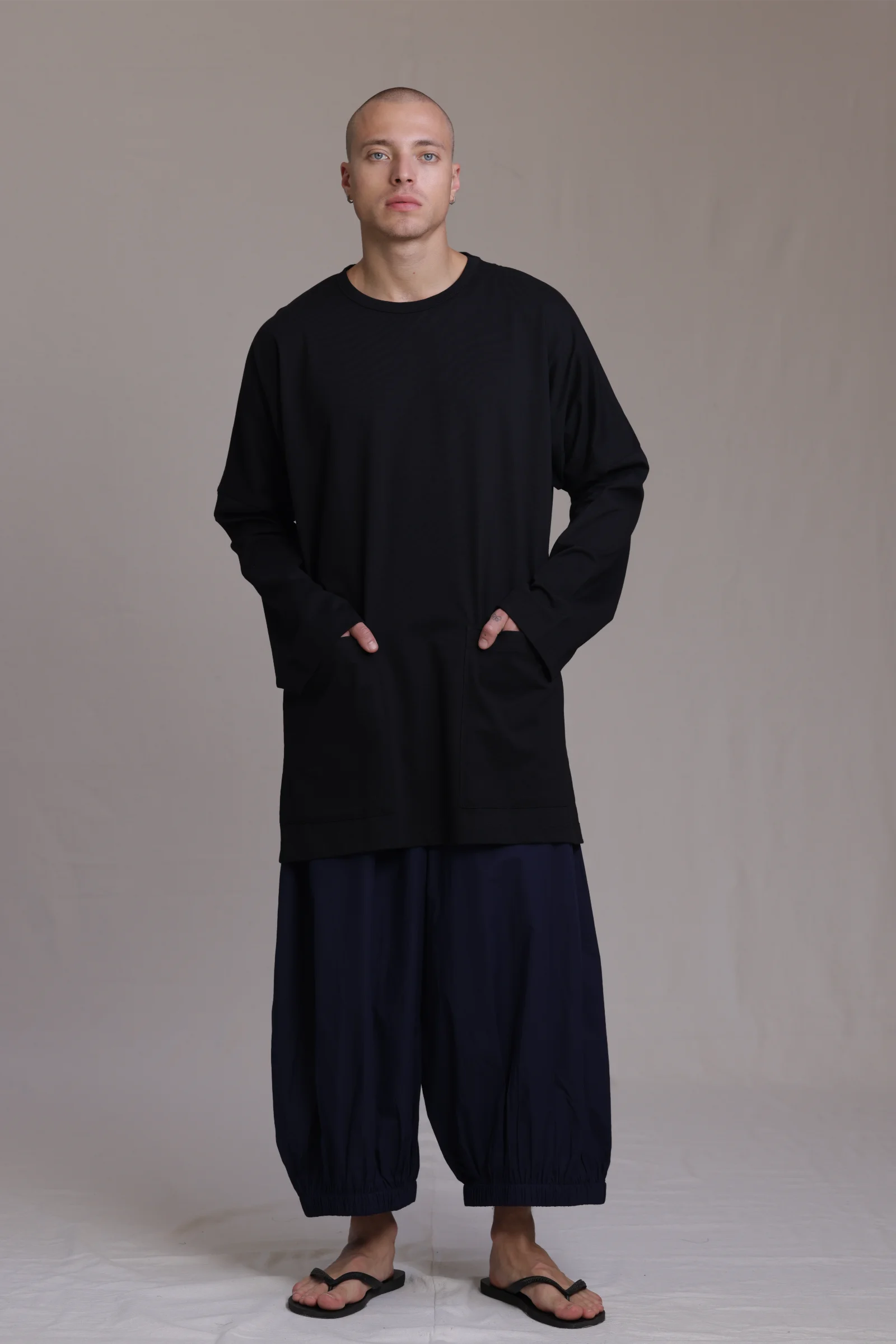 ALBI Tsuki Shirt, an oversized long sleeve cotton jersey tee with patch pockets and side slits