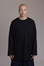 ALBI Tsuki Shirt, an oversized long sleeve cotton jersey tee with patch pockets and side slits