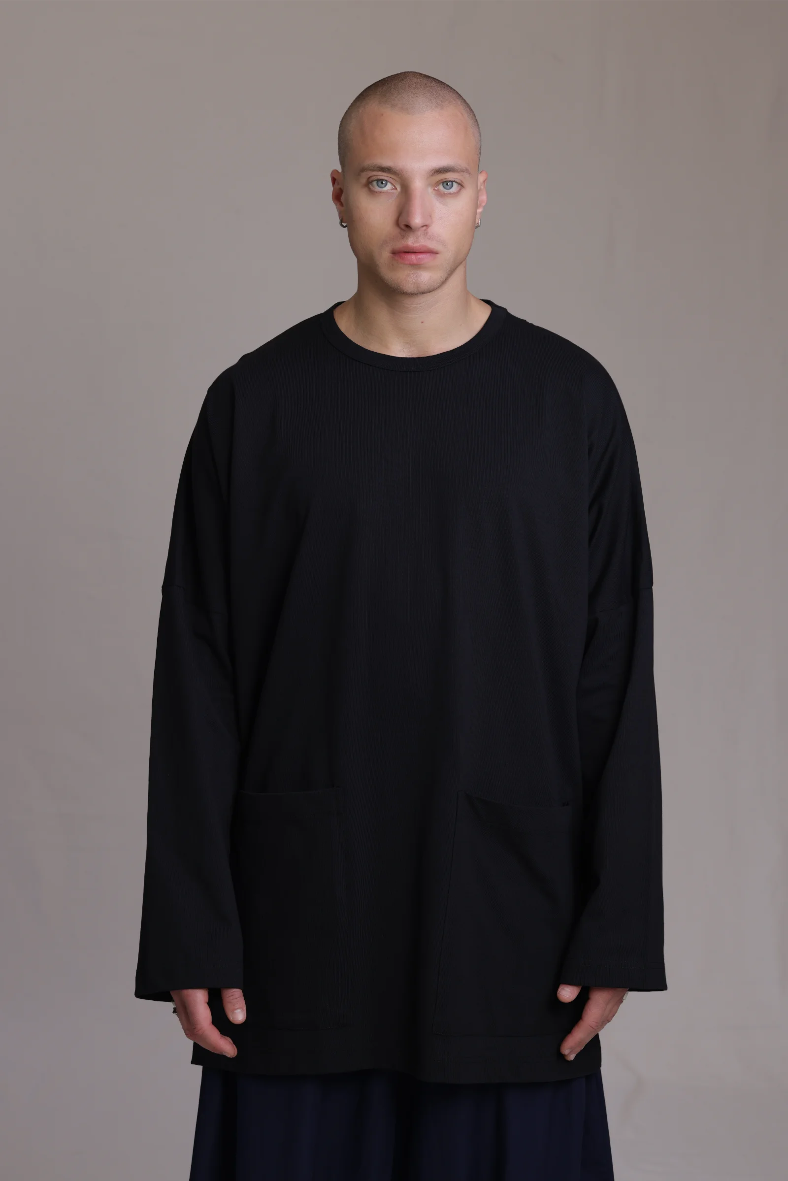 ALBI Tsuki Shirt, an oversized long sleeve cotton jersey tee with patch pockets and side slits