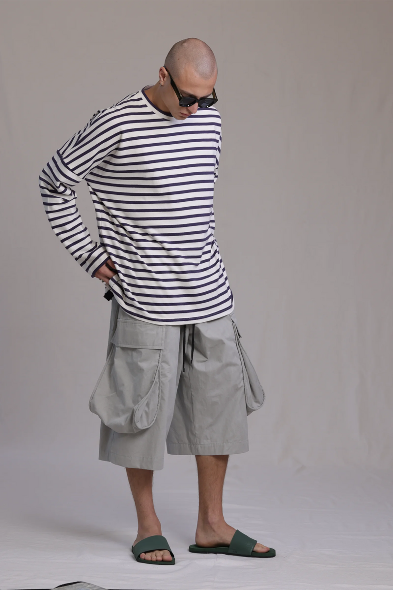 ALBI Yu Pants, oversized cotton cargo shorts with large utility pockets