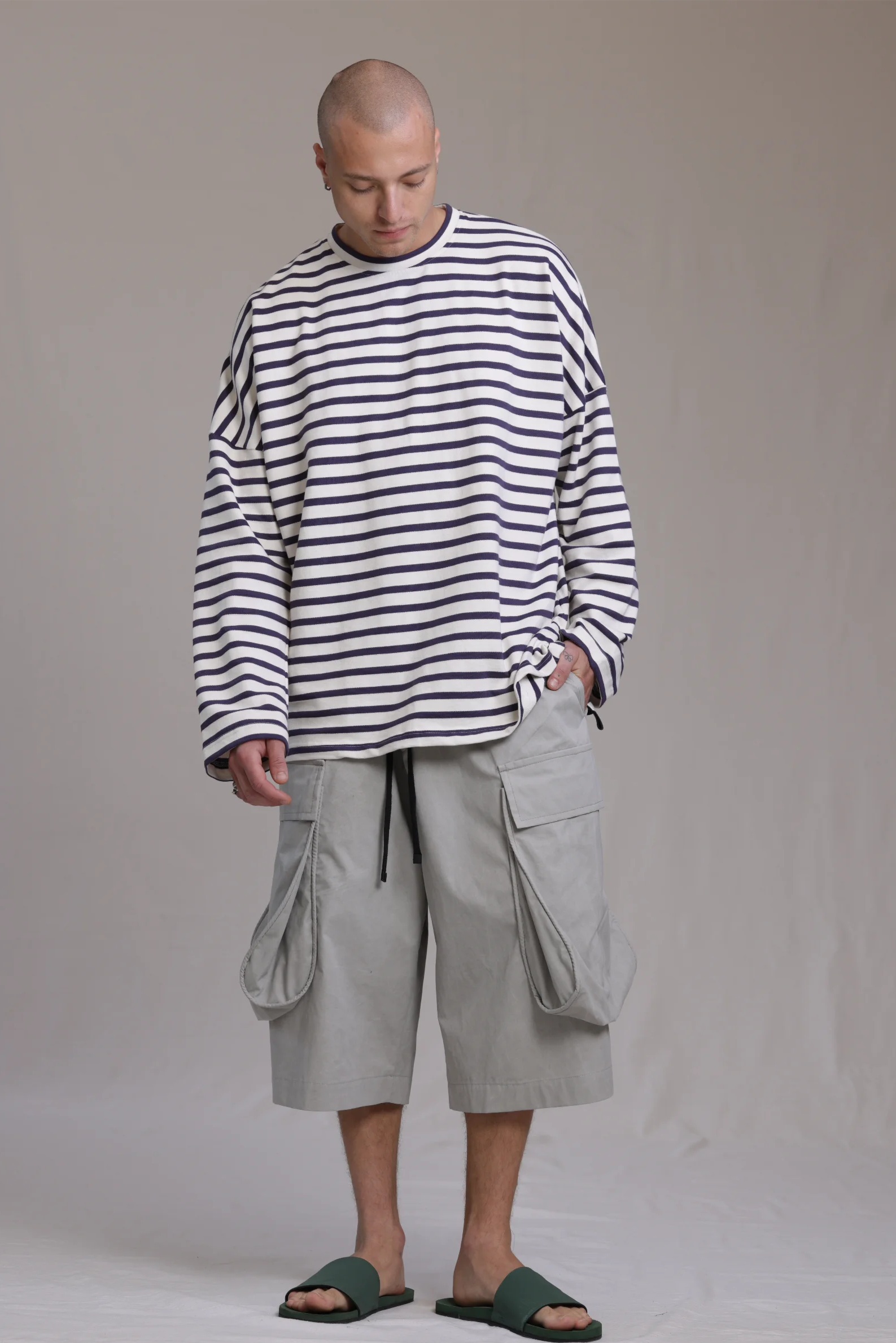 ALBI Kanso Shirt, an oversized long sleeve striped French terry tee
