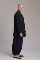 ALBI Chowa Shirt, a long oversized linen band collar shirt with low patch pockets