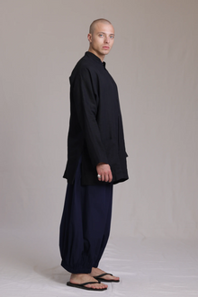 ALBI Chowa Shirt, a long oversized linen band collar shirt with low patch pockets