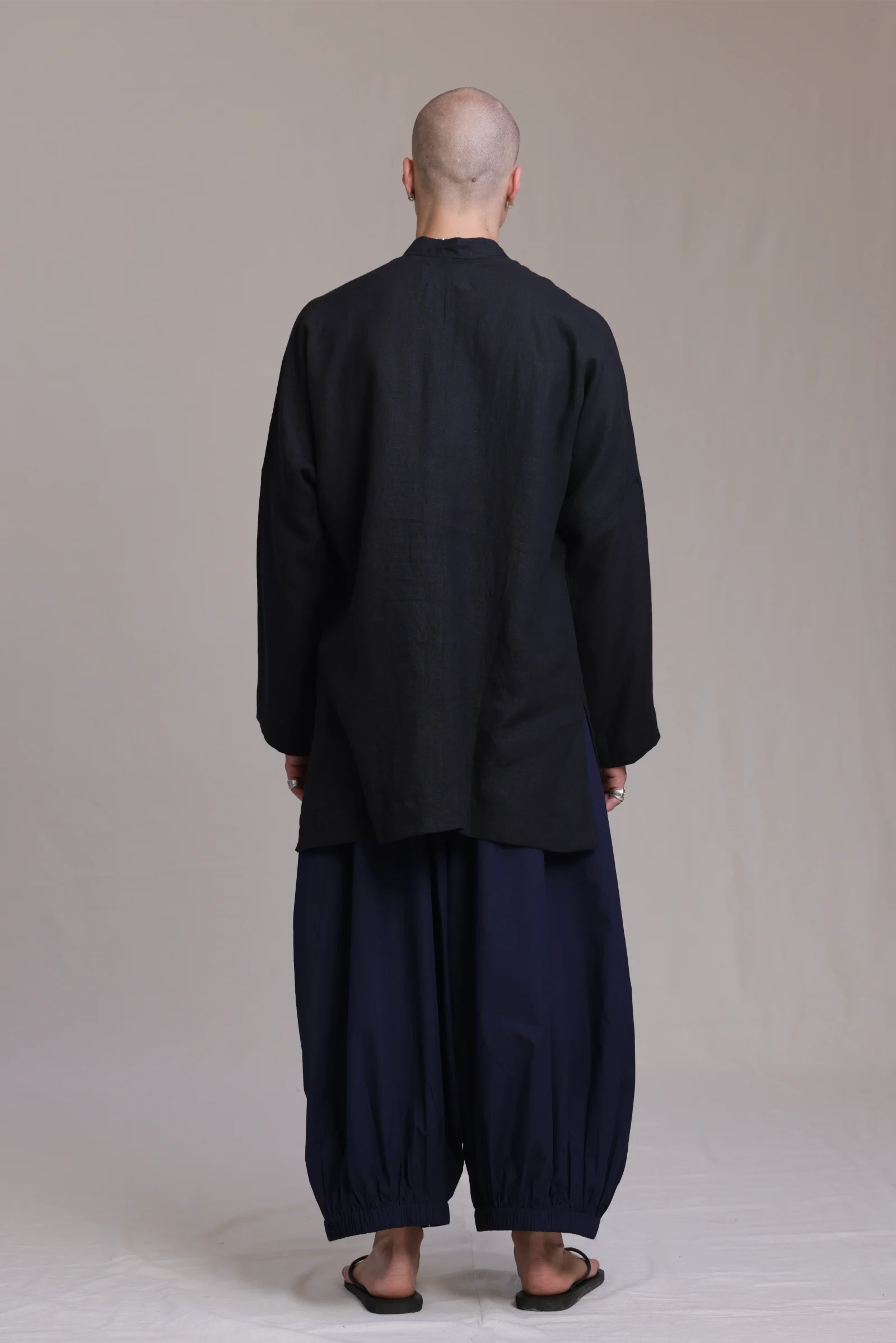 ALBI Chowa Shirt, a long oversized linen band collar shirt with low patch pockets