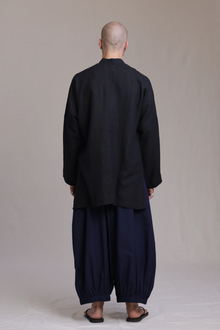 ALBI Chowa Shirt, a long oversized linen band collar shirt with low patch pockets