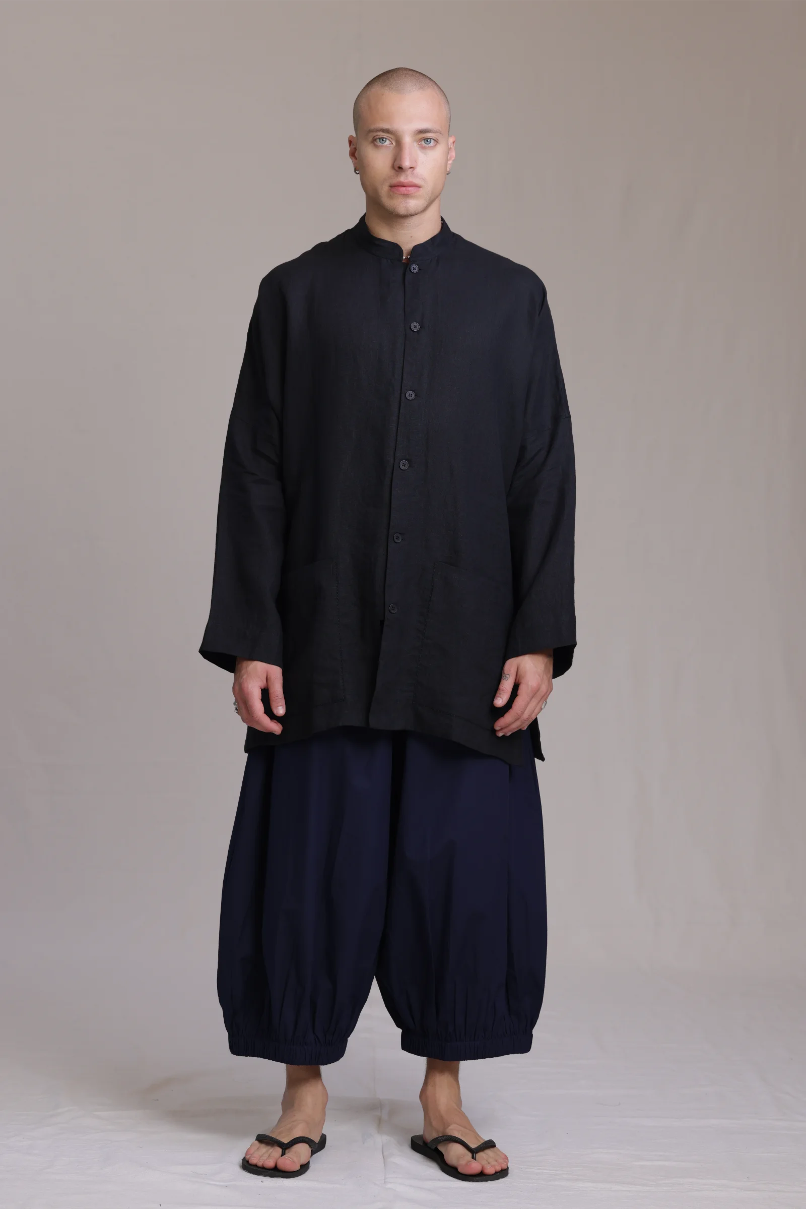 ALBI Chowa Shirt, a long oversized linen band collar shirt with low patch pockets